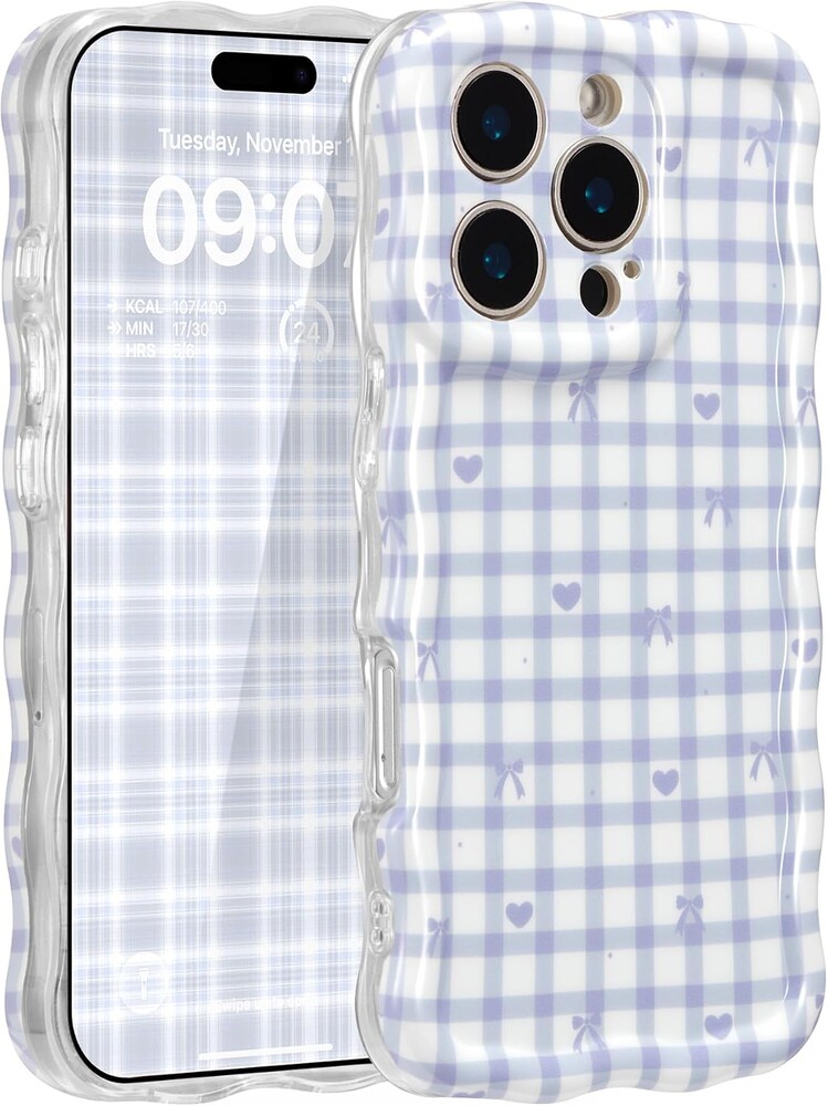 ZCDAYE for iPhone 15 Pro Max Case, Cute Wavy Aethetic Phone Cover for Women Girls, Soft TPU Shockproof Full Camera Protective Cases for iPhone 15 Pro Max (6.7 inches),Blue Checks