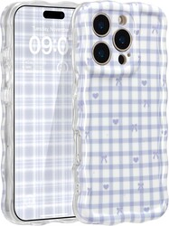 ZCDAYE for iPhone 15 Pro Max Case, Cute Wavy Aethetic Phone Cover for Women Girls, Soft TPU Shockproof Full Camera Protective Cases for iPhone 15 Pro Max (6.7 inches),Blue Checks