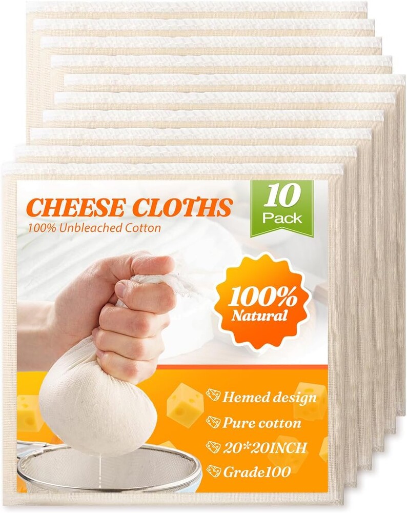 Reusable Cheesecloth 10 Pack Grade 100 Fine Mesh Cheesecloth - 20 x 20 Inch Hemmed Cotton Cheese Cloth for Straining, Filtering, Cheese Making, Greek Yogurt, Almond Milk, Cold Brew & Turkey Roasting