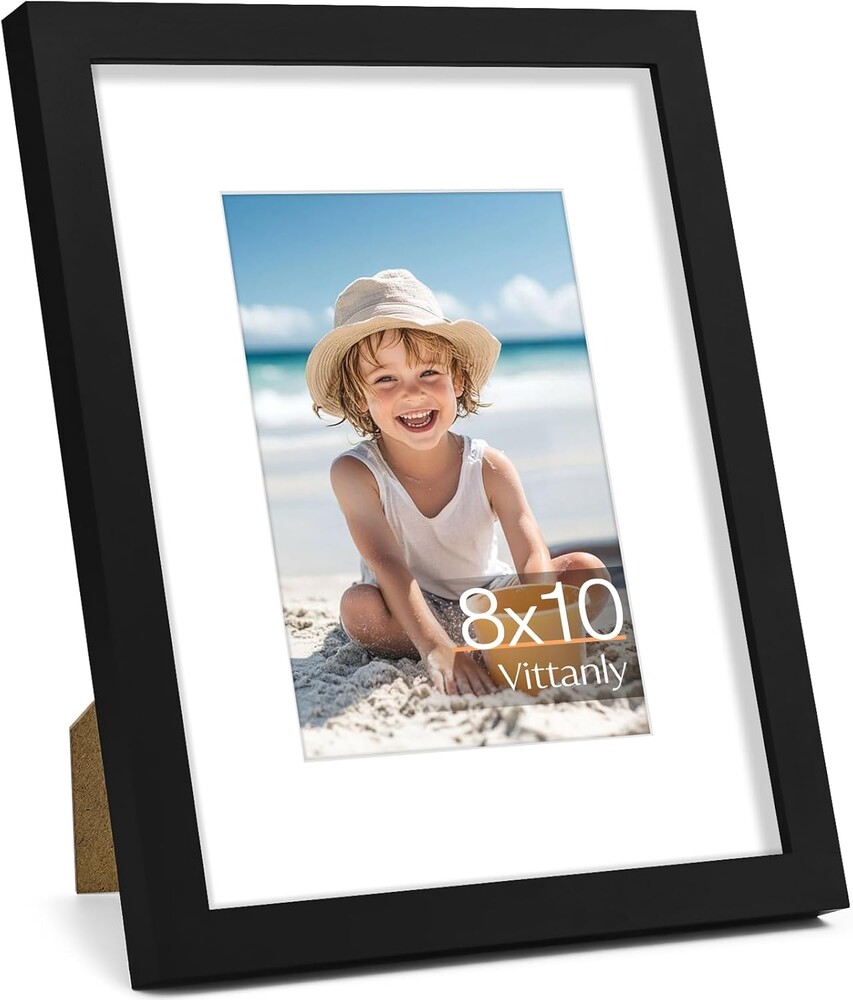 Vittanly 8x10 Picture Frame, Made of Solid Wood and Shatterproof Plexiglass, Display Pictures 5x7 with Mat or 8x10 without Mat, Wooden Photo Frame for Wall Mounting or Tabletop Display, Black, 1 Pack