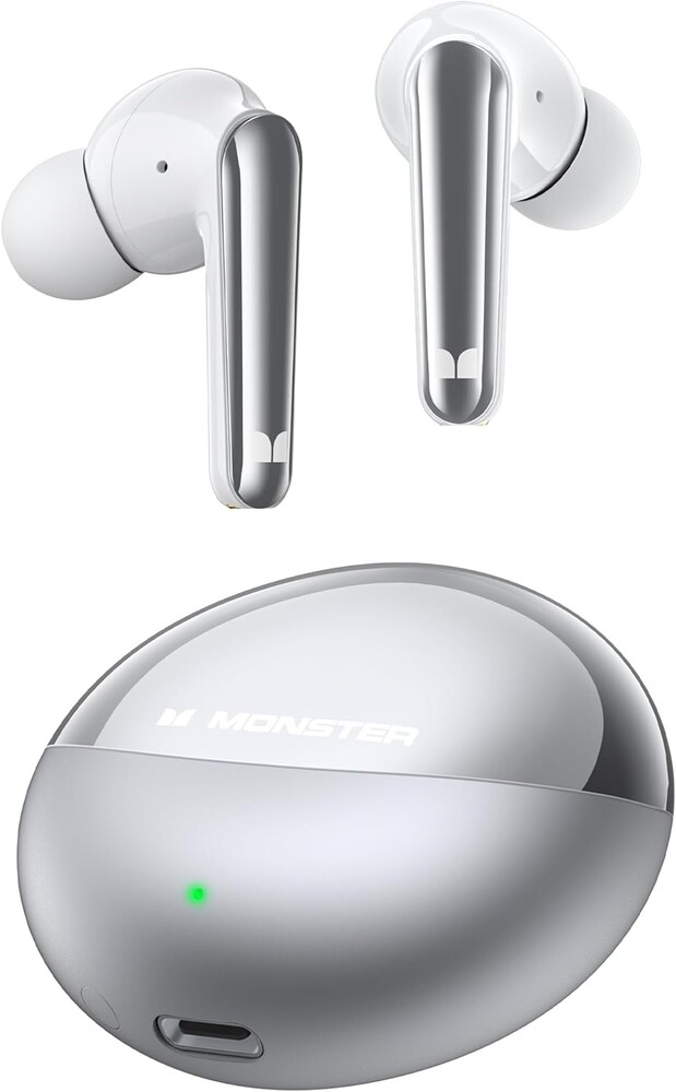Monster N-Lite 203 AirLinks Wireless Earbuds, Bluetooth 5.3 Headphones HiFi Stereo, Wireless Earphones with 30H Playback, Type-C Charging, HD Clear Call, Touch Control, IPX6 in-Ear Earbuds（Silver）