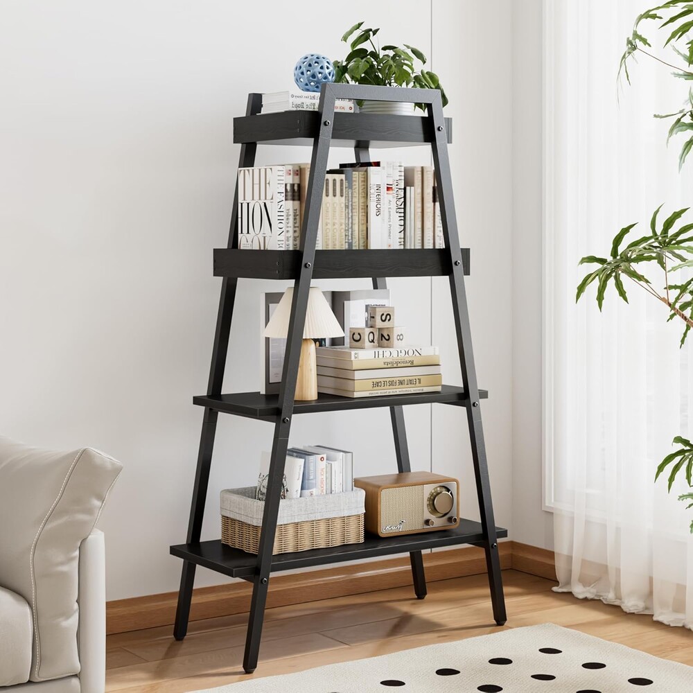 VECELO Ladder Shelf, 4 Tier Wooden Bookshelf with Metal Frame, Freestanding Bookcase Display Shelves and Plant Stand for Living Room/Farmhouse/Bedroom/Home Office-Black