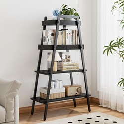 VECELO Ladder Shelf, 4 Tier Wooden Bookshelf with Metal Frame, Freestanding Bookcase Display Shelves and Plant Stand for Living Room/Farmhouse/Bedroom/Home Office-Black
