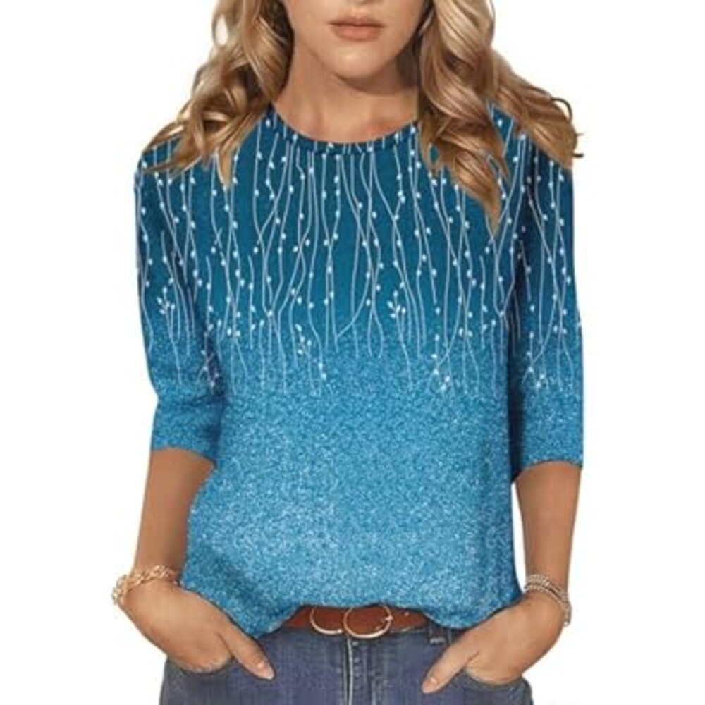 NORACORA Women's 3/4 Length Sleeve Crew Neck T-Shirt - Printed Casual Basic Tops