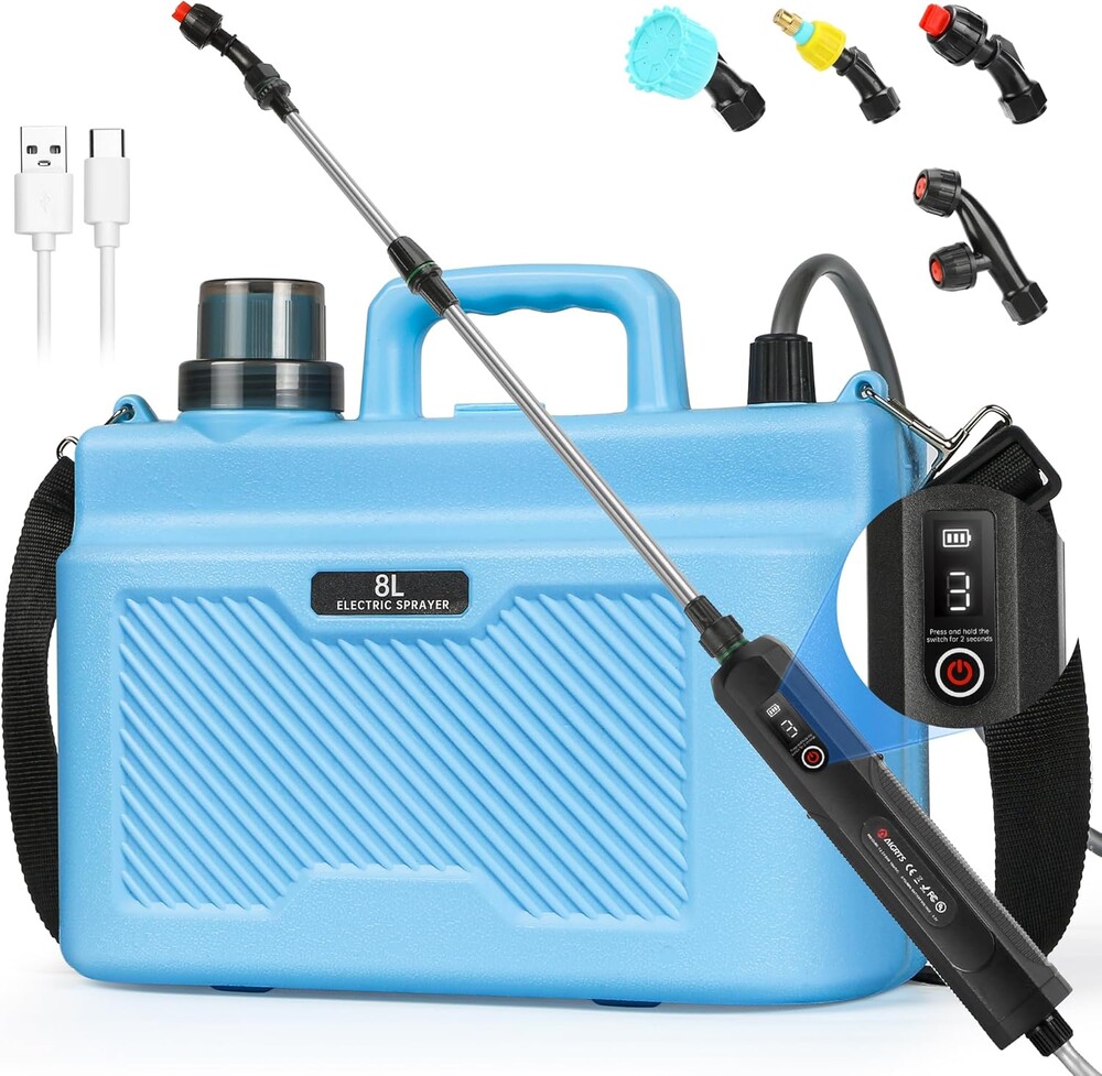 Battery Powered Sprayer 2 Gallon, Powerful Electric Garden Sprayer with 3 Speeds Displayed, Battery Indicator, 4 Mist Nozzles, Retractable Wand, Adjustable Shoulder Strap for Lawn Yard and Garden