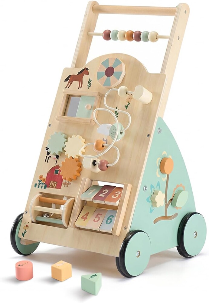 NEWBULIG Wooden Baby Walker for First Steps, Adjustable Speed Push Walker with Montessori Activity Center, Silent Universal Wheels Baby Walking Toys, Natural Wood