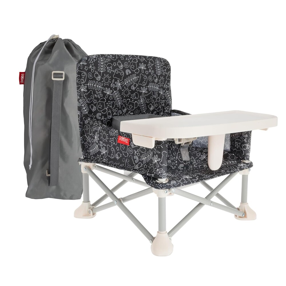Nuby Pop-Up Booster Seat with Removable Tray - 6+ Months - Portable Booster Seat for Floor Indoor/Outdoor Use - 3-Point Safety Adjustable Straps - Summer Travel Essentials - Black and White