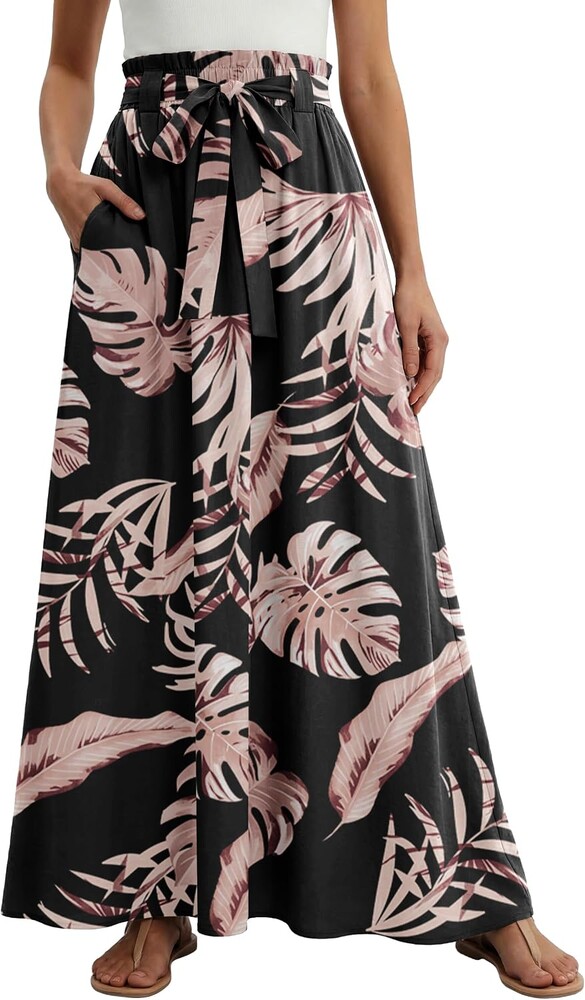Lepunuo Women Flowy Maxi Skirts Paper Bag High Waisted Long Skirts with Pockets Summer Casual Tie Waist A-Line