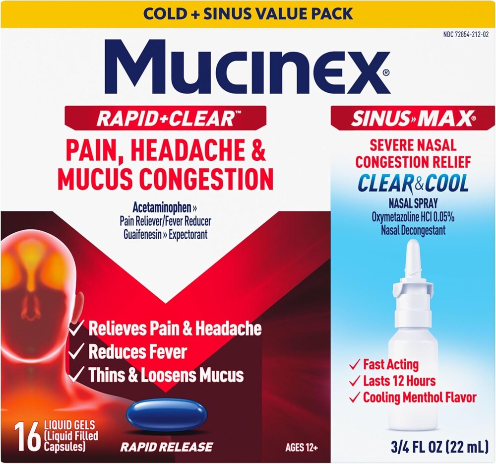 Mucinex Rapid+Clear Pain, Headache, & Mucus Congestion (16 Liquid Gels) + Sinus Pressure Relief Nasal Spray (0.75 oz), Over-the-Counter Medication Combo Pack for Multi-Symptom Relief
