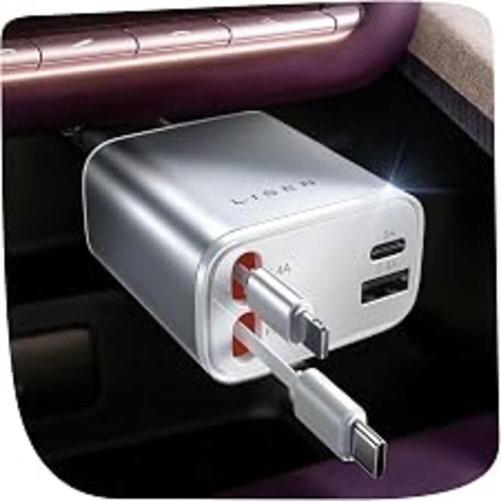 LISEN Retractable Car Charger for iPhone, for iPhone 17 Pro Max 16 15 14 13 12 Plus Mini, Cute 4 in 1 Retractable USB C Car Charger Fast Chareg for Women Men, 84W Fast Charging Car Accessorie | Multiple Ports Car Charger, Retractable Car Charger Fast Charge for iPad, for Samsung, Car Accessories for Men Women