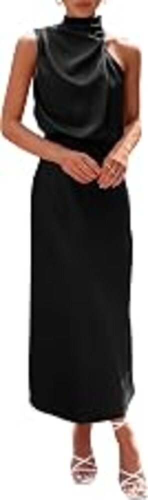 PRETTYGARDEN Women's 2026 Summer Satin Dress Elegant Sleeveless Mock Neck Cocktail Party Maxi Dresses