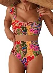 Herseas Women's Tie Shoulder Bikini Sets 2 Piece Striped Swimsuits High Waisted Bathing Suits