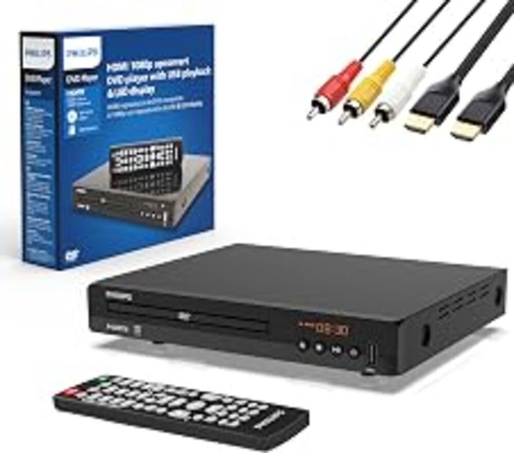 Philips DVD Players for TV with HDMI Port 1080P All Region HD DVD Player for Smart TV USB Input Remote Control Device, Mini DVD CD Player for Home Stereo System, HDMI and RCA Cable Included