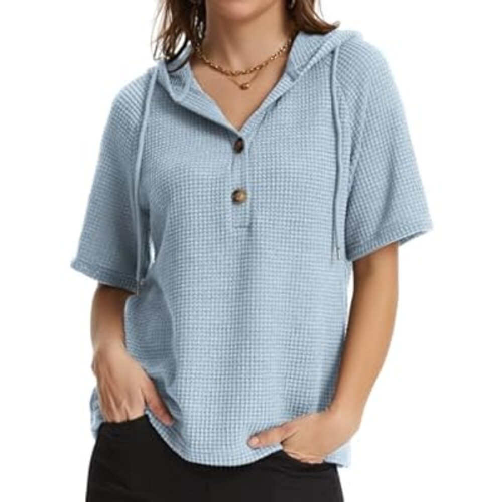Lallabai Womens Summer Tops Waffle Short Sleeve Loose Sweaters Lightweight Drawstring Hoodies Button V Neck Casual Blouses