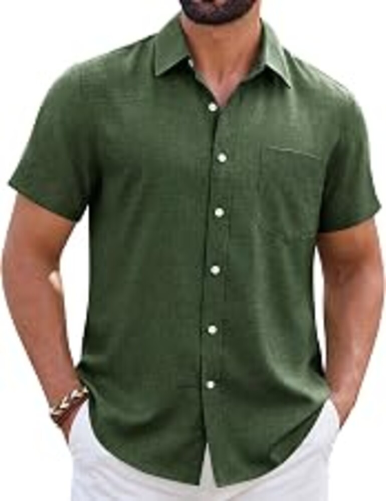ROUWELL Mens Linen Shirt Short Sleeve Wrinkle Free Casual Untucked Button Down Shirts Beach Breathable Tops Summer