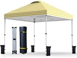Nazhura 10' x 10' Pop Up Canopy with Sand Weight Bag, Awing for Patio, Freestanding Sun Shelter for Picnic and Camping, One Person Setup, White (Yellow Stripe)