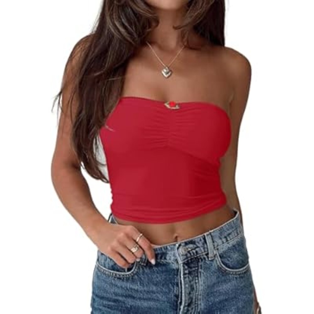 REORIA Women Sexy Ruched Tube Top Summer Y2K Trendy Going Out Double Lined Sleeveless Crop Tank Tops