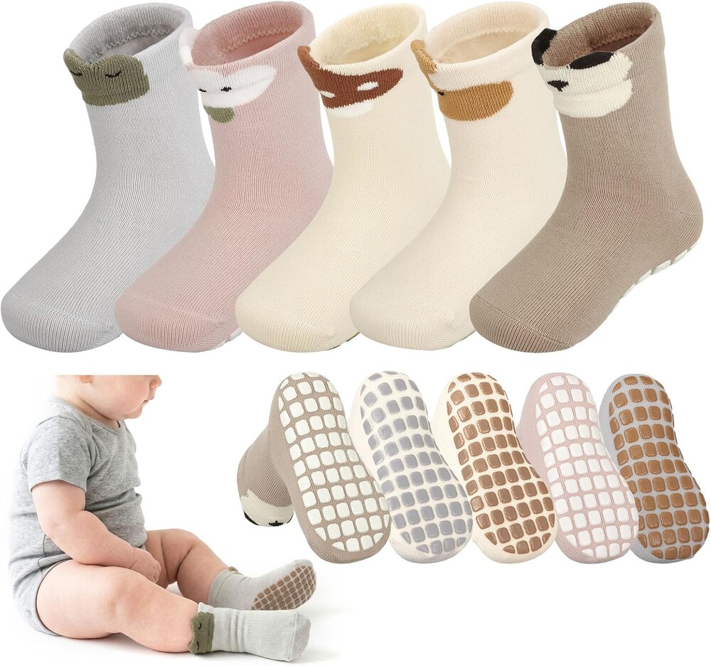 Jspupifip 5 Pairs Toddler Non Slip Floor Socks Cute 3D Cartoon Animal | Soft breathable cotton fabric, grid anti-slip silicone sole for safe crawling, 3D animal ear design, stretch crew cuff