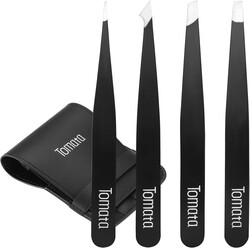 Tomata Tweezers for Eyebrows, 4-piece Slant Tip and Pointed Eyebrow Tweezer Set Great Precision for Eyebrows Facial Hair, Ingrown Hair, Splinter, Blackhead and Tick Remover (Black)