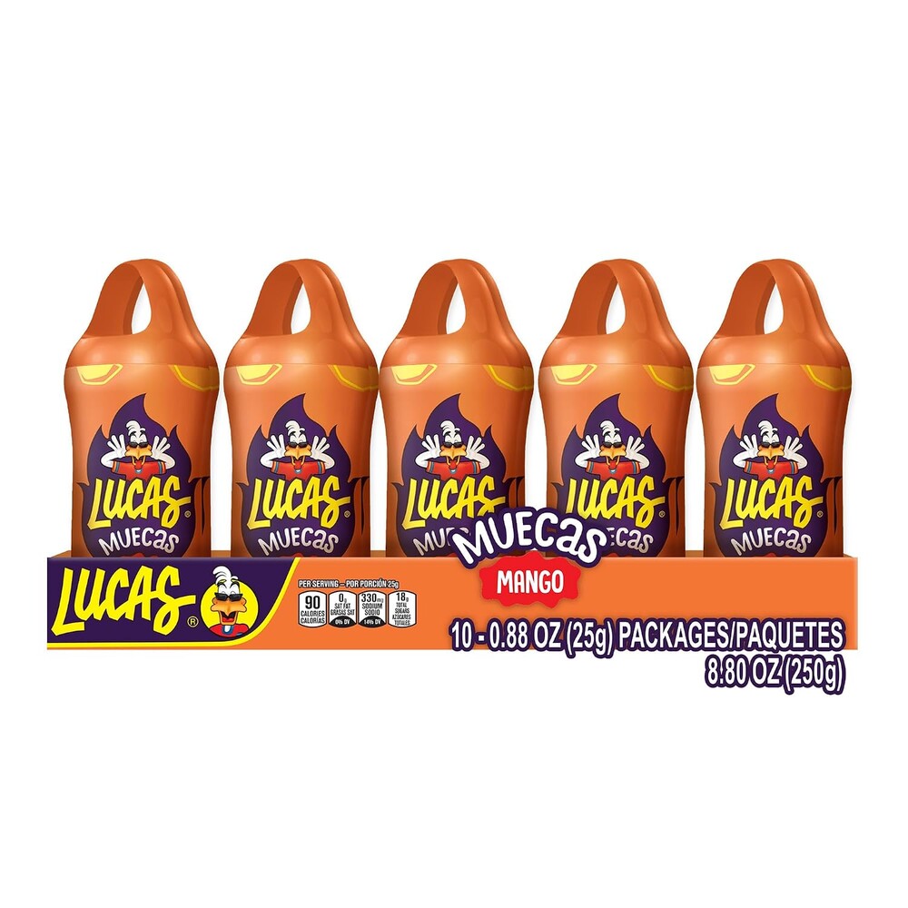 Lucas Muecas Lollipop Mango Flavor Candy, 0.96oz - 10 Pieces Pack for Treats, Snack, Parties, Piñatas