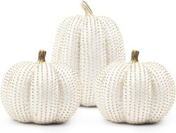 3 PCS Large Thanksgiving Resin Pumpkin, Fall Pumpkin Figurines White and Gold Glitter Resin Pumpkin for Home Kitchen Halloween Thanksgiving Fall Harvest Decoration