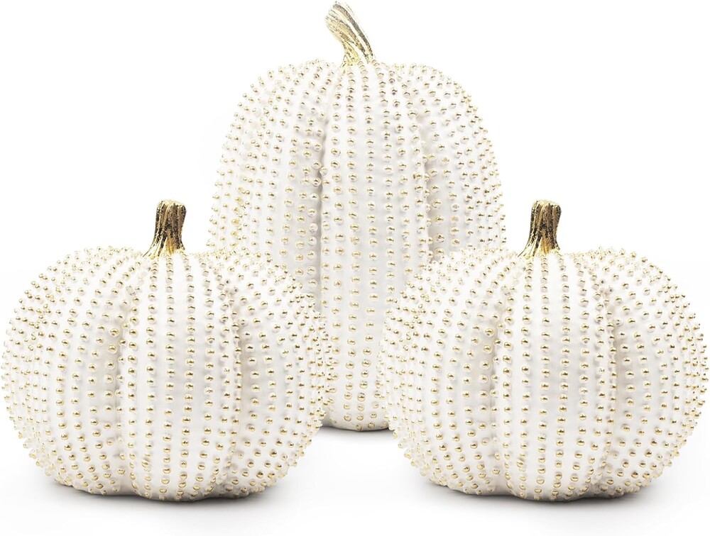 3 PCS Large Thanksgiving Resin Pumpkin, Fall Pumpkin Figurines White and Gold Glitter Resin Pumpkin for Home Kitchen Halloween Thanksgiving Fall Harvest Decoration