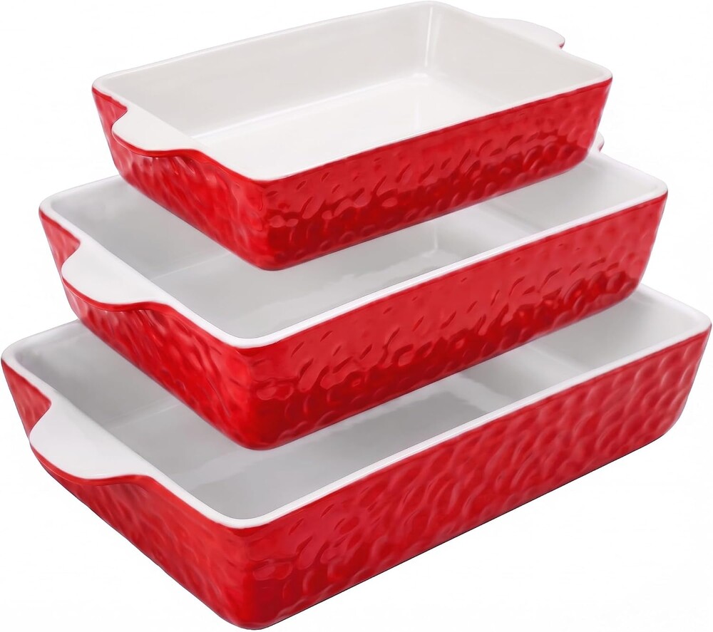 NutriChef 3-Piece Ceramic Casserole Dish for Oven - Premium Lasagna Baking Pans w/ Nonstick Coating & Built-In Handles - Dishwasher & Microwave Safe - 14" x 8", 10" x 6", 7" x 5" - Red