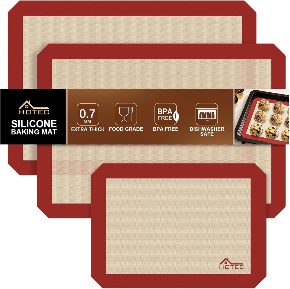 HOTEC Silicone Baking Mats 3 Pack – Thickened Non-Stick Reusable Silicone Baking Sheets for Oven – Cookie & Macaron Mats – 2 Half Sheet + 1 Quarter Sheet – BPA-Free, Dishwasher Safe