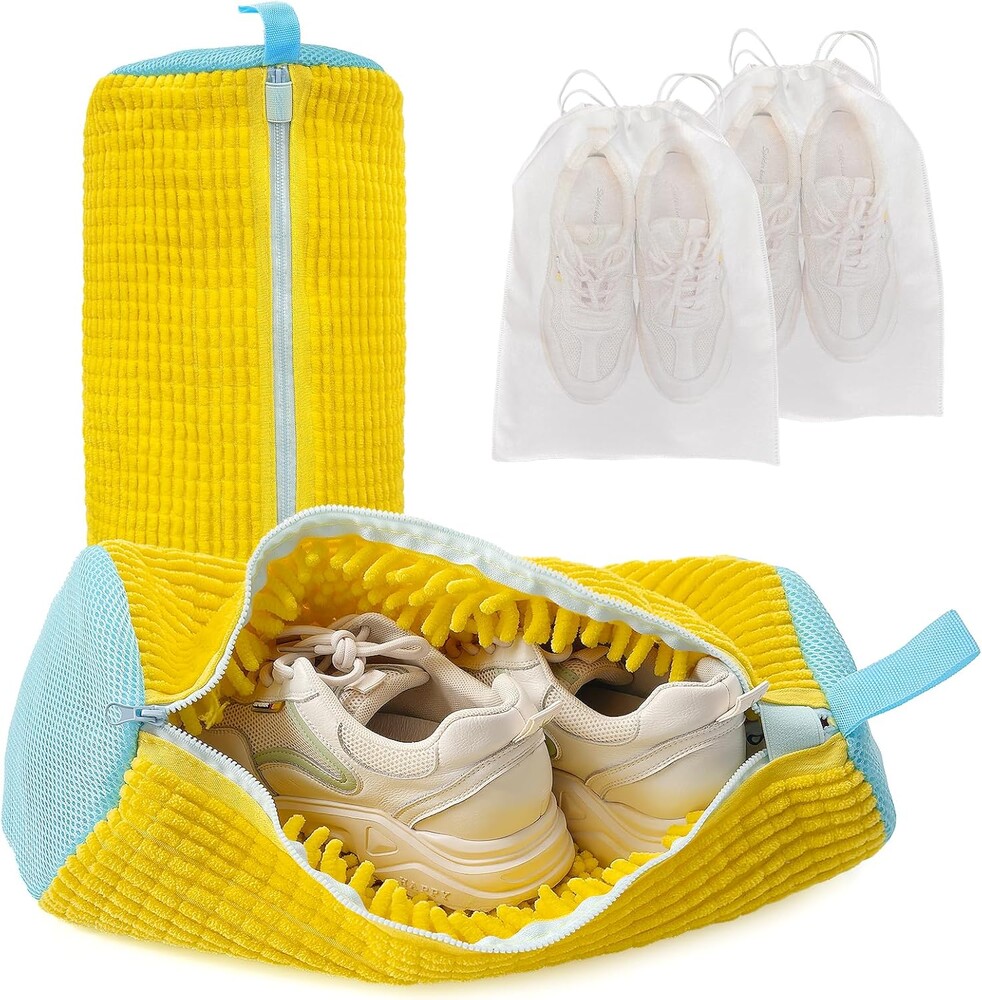 Shoe Washing Machine Bag for Washer & Dryer, Large Shoe Bag for Washing Machine Plush Fibers laundry Bag for Sneakers, Tennis Shoes and Gym shoes, Yellow(2PCS)