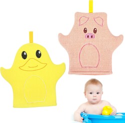 Baby Bath Mitt 2 Pack, Soft Cotton Animal Wash Gloves | Pig & Duck Design, For Toddlers Body Face, Gentle Skin Scrubber, Pink and Yellow