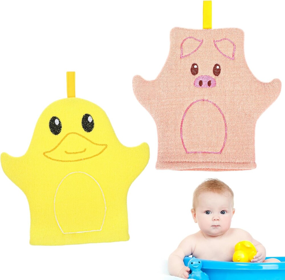 Baby Bath Mitt 2 Pack, Soft Cotton Animal Wash Gloves | Pig & Duck Design, For Toddlers Body Face, Gentle Skin Scrubber, Pink and Yellow
