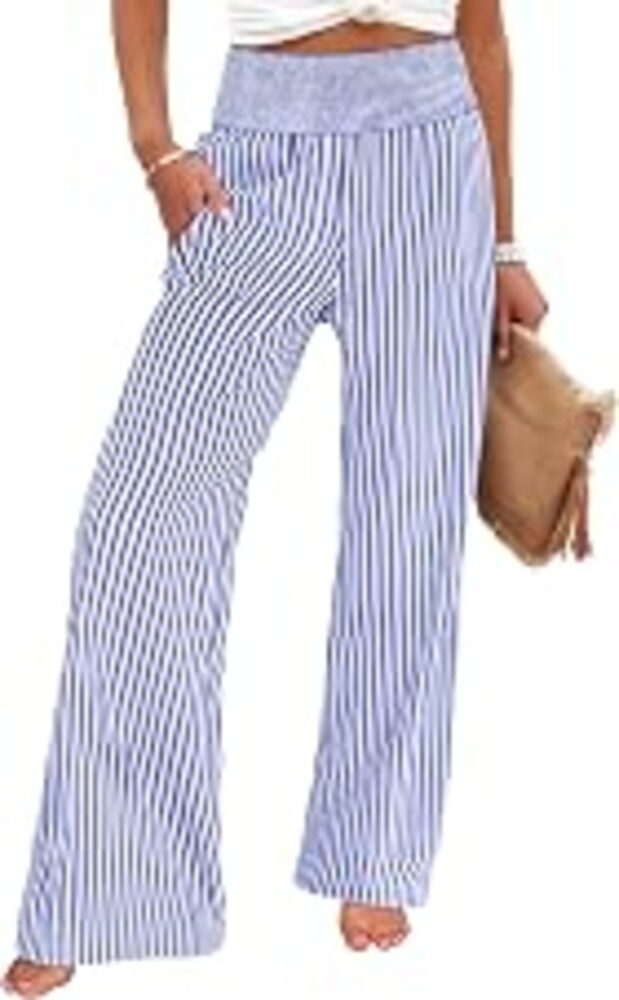 ANRABESS Womens Striped Gingham Palazzo Pants | Wide Leg Smocked High Waisted Pajama Pants, Lounge & Casual, Summer Fall Cute Pants with Pockets