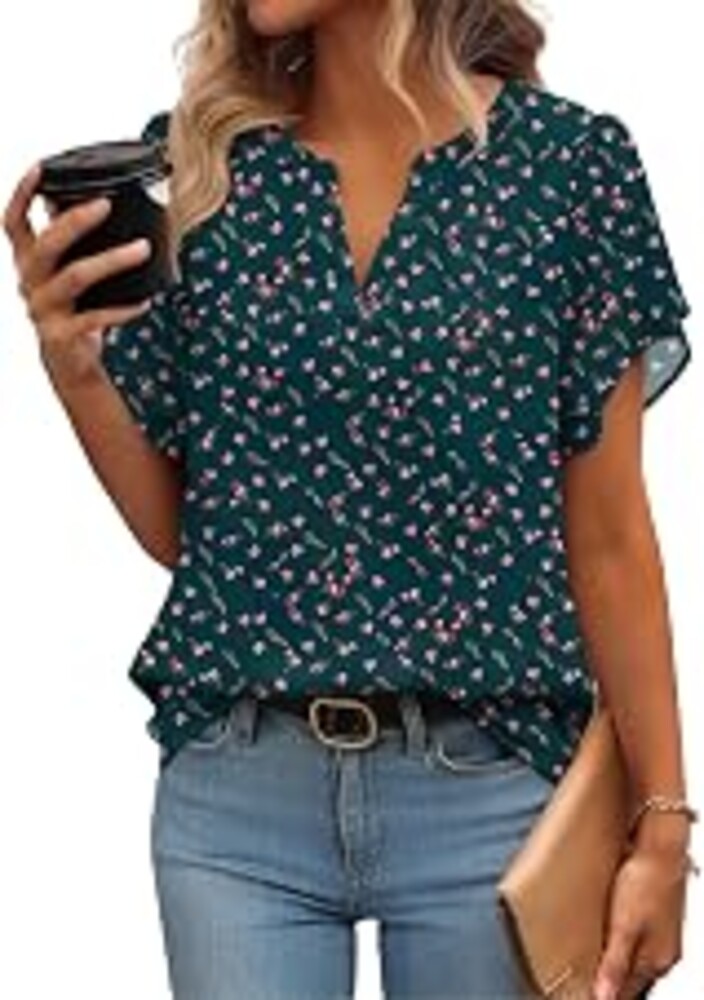 Zeagoo Womens Dressy Casual Shirts Short Sleeve V Neck Work Blouse Business Casual Summer Chiffon Tops