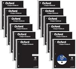 Oxford Spiral Notebook 1-Subject, Bulk College Ruled Spiral Notebooks for School, College Ruled Paper, Black Covers, 70 Perforated Lined Sheets, 8 x 10-1/2 Inches, 12-Pack, Bulk Journals (63744)