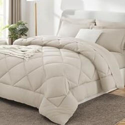 CozyLux Full Size Comforter Sets Beige - 7 Pieces Bed in a Bag Full, Luxury Soft Bed Set for All Seasons, Bedding Set with Down Alternative Comforter, Sheets, Pillowcases & Shams