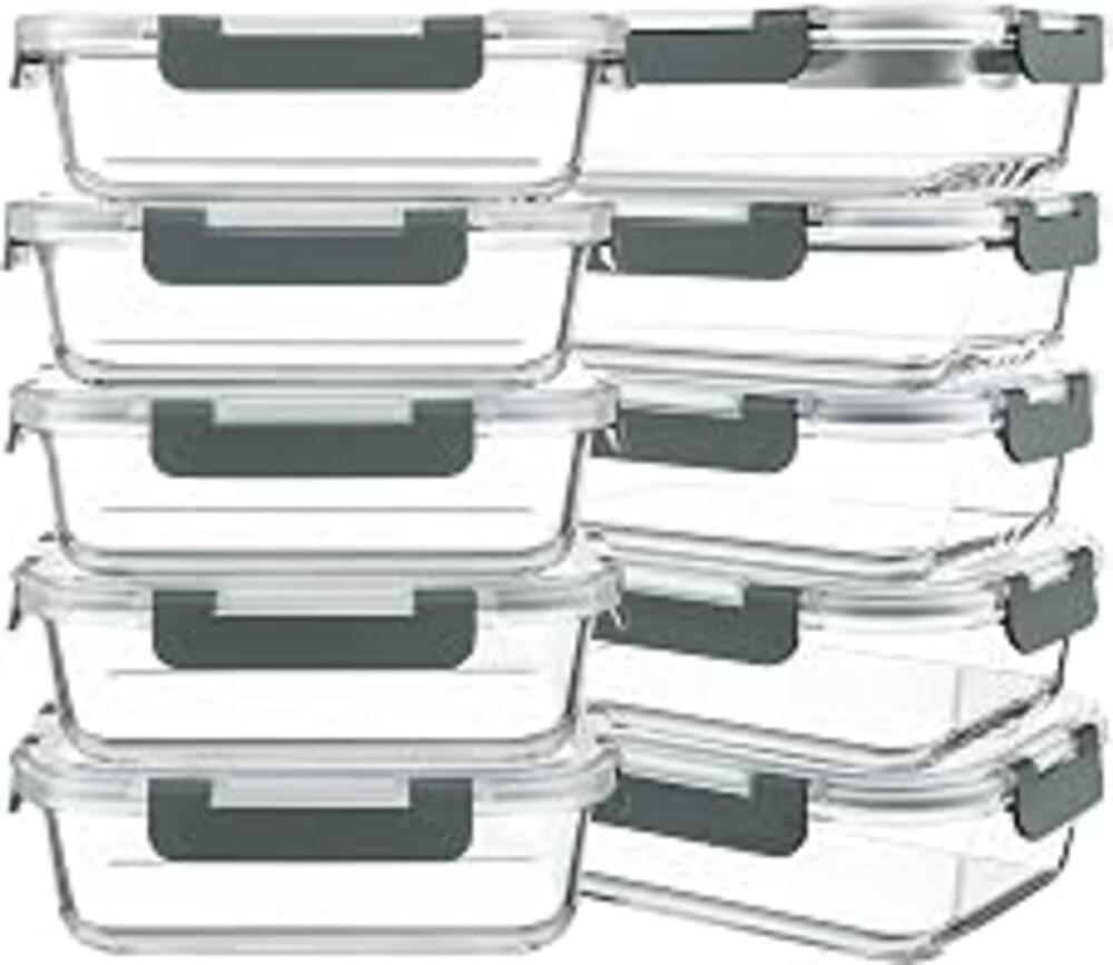 KOMUEE 10 Packs 30 oz Glass Meal Prep Containers,Glass Food Storage Containers with Lids,Airtight Lunch Bento Boxes,Microwave,Freezer and Dishwasher,Gray
