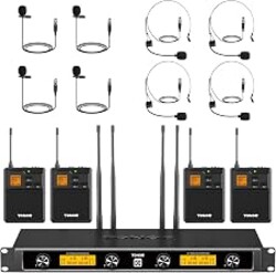 TONOR UHF Wireless Microphones System with Headset/Lavalier Lapel Mics, Bodypack Transmitter, Receiver, 4 * 10 Channels, 90 m/295ft Range for Live Singing Karaoke Church Party DJ, 4 Bodypack Mics