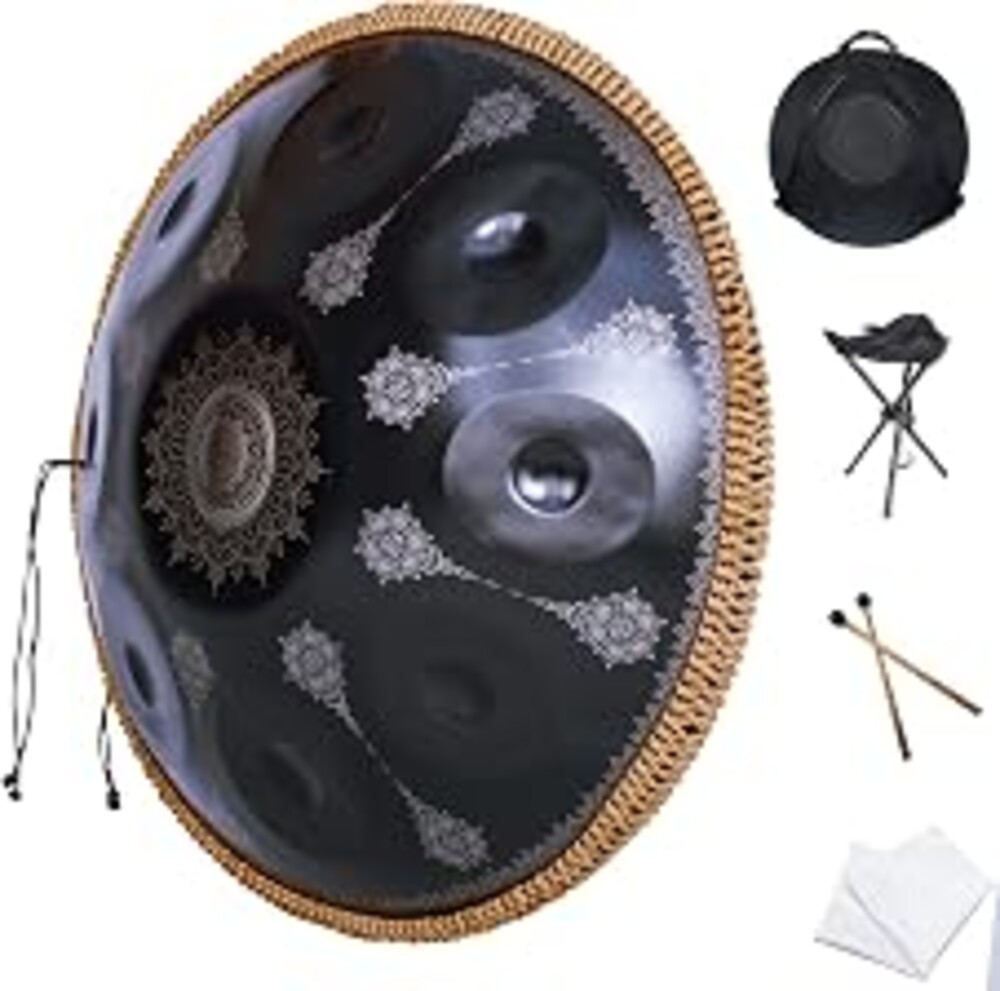 Handpan-Classic 10 Notes Black Print Hand Pan,Premium 432HZ 22 Inches D Minor Steel Handpan Drum Set,Adult's Music Steel Pan Instrument