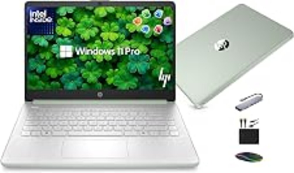 HP 14” Laptop Ultra-Portable Computer 2026 Student Business, MS Office, Copilot AI, Intel 4-Core CPU, 4GB RAM, 628GB Storage (128GB UFS+500GB Ext), Long Battery, MaxsolAccessory, Win 11 Pro, Green