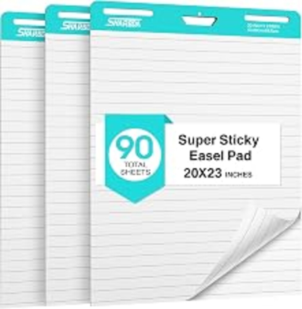 SHARBDA Lined Sticky Easel Pad, 20 * 23 inch,Self-Stick Flip Chart Paper, Super Adhesive & Bleed-Resistant,Micro-Perforated Tear,Classroom Teacher Office Presentation Pads,3 Pads/Pack,90Sheets