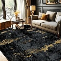 RELEANY Washable Area Rugs 10'x14' Non-Slip Modern Abstract Soft for Living Room Entryway Bedroom Kitchen, Print Pattern, Dark Black Gold