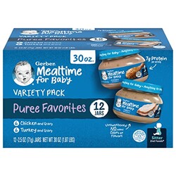 Gerber Stage 2 Baby Food, Chicken & Turkey Variety Pack Jars, Mealtime Poultry Puree, Baby Food Puree,12-Pack