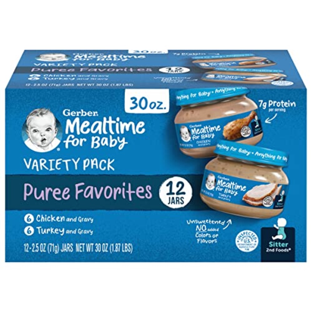 Gerber Stage 2 Baby Food, Chicken & Turkey Variety Pack Jars, Mealtime Poultry Puree, Baby Food Puree,12-Pack