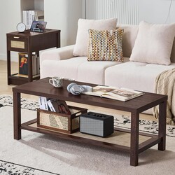 Lerliuo Boho Coffee Tables for Living Room, Rattan Center Table with Open Storage Shelf, Walnut