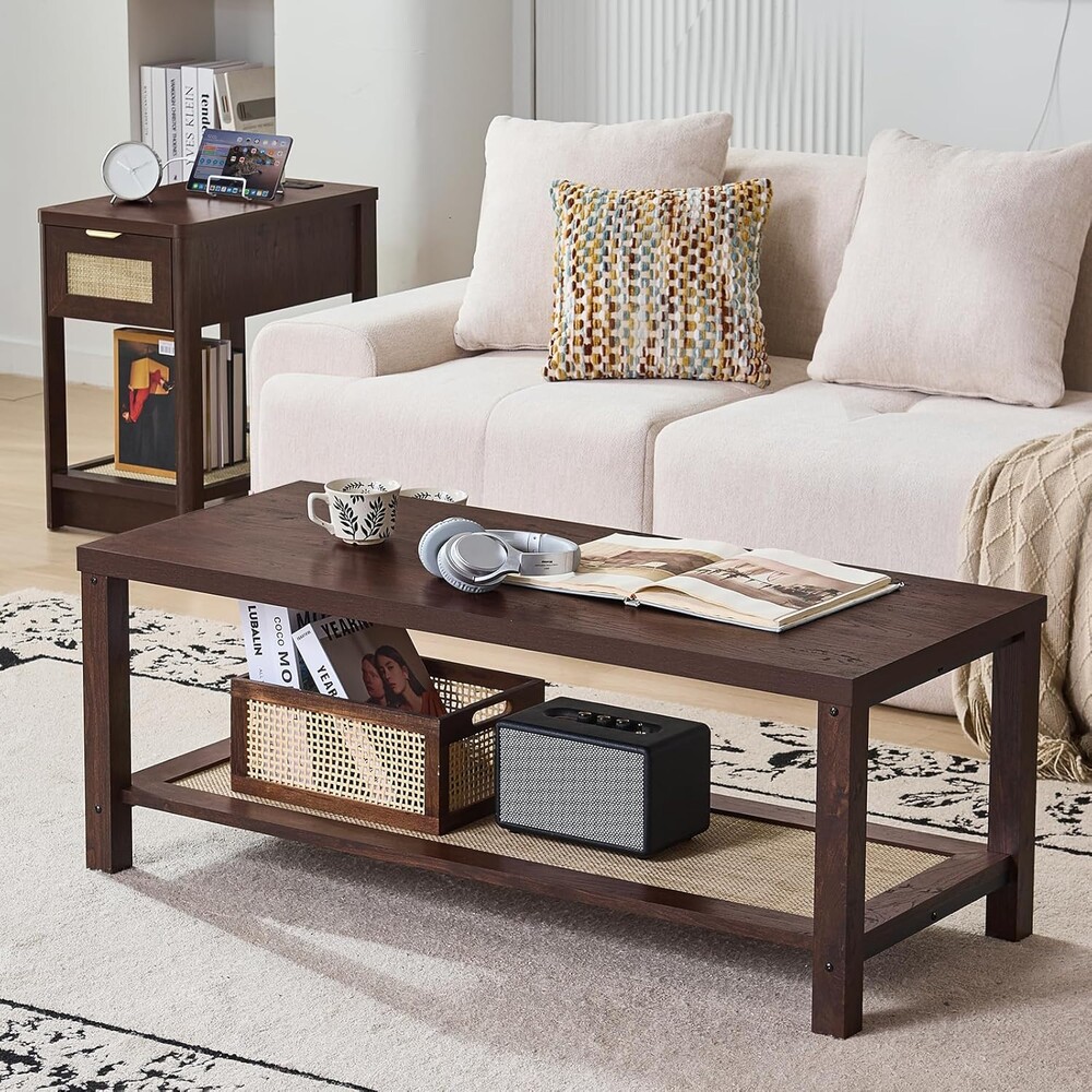 Lerliuo Boho Coffee Tables for Living Room, Rattan Center Table with Open Storage Shelf, Walnut