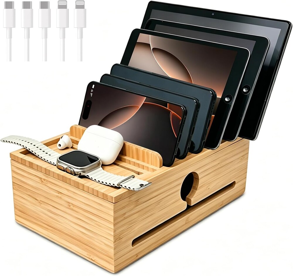 Bamboo Charging Station Organizer with 5-Cables, No USB Charger | for Multi-Devices with Tray, Nightstand Desk Electronic Organizer Charging Stand for Cell Phone, Tablet, Etc