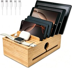 Bamboo Charging Station Organizer with 5-Cables, No USB Charger | for Multi-Devices with Tray, Nightstand Desk Electronic Organizer Charging Stand for Cell Phone, Tablet, Etc