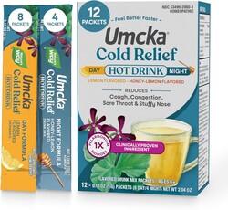 Nature's Way Umcka Cold Relief Hot Drink, Day & Night Homeopathic Cold Medicine with Clinically Proven Ingredient for Cough, Congestion, Sore Throat, Lemon & Honey Flavored Packets, 12 Count