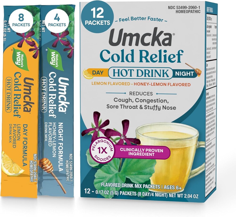 Nature's Way Umcka Cold Relief Hot Drink, Day & Night Homeopathic Cold Medicine with Clinically Proven Ingredient for Cough, Congestion, Sore Throat, Lemon & Honey Flavored Packets, 12 Count