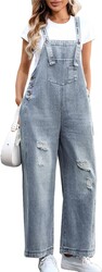 Women's Baggy Overalls Loose Adjustable Strap Denim Bib Overall Jeans Distressed Ripped Wide Leg Jumpsuit